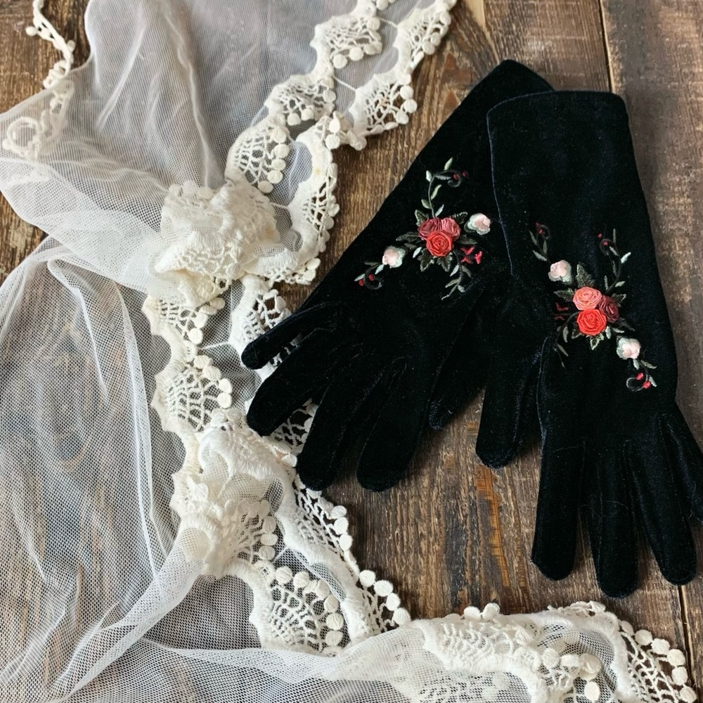 Stretchy black velvet gloves embroidery 10 1/2”/ lace cream Gypsy scarf 59” x 8”